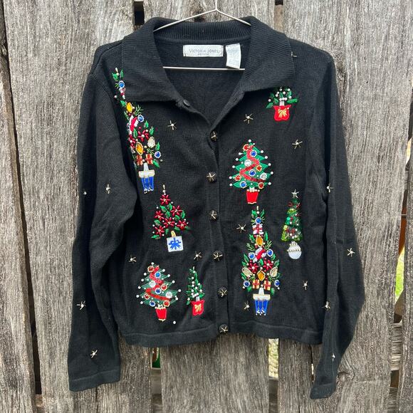 90s Victoria Jones Embroidered Embellished Christmas Tree Ugly Cardigan Sweater - Picture 1 of 6